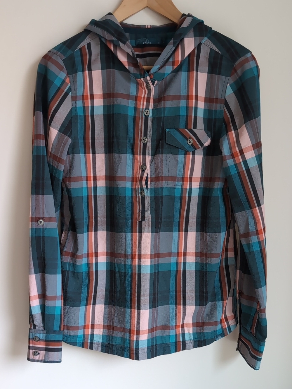 Prana Teal, Coral & Gray Plaid Hooded Shirt Jacket